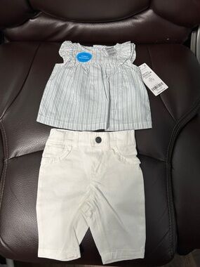 Carter's White and Light Blue Striped Top with White Pants Matching Set